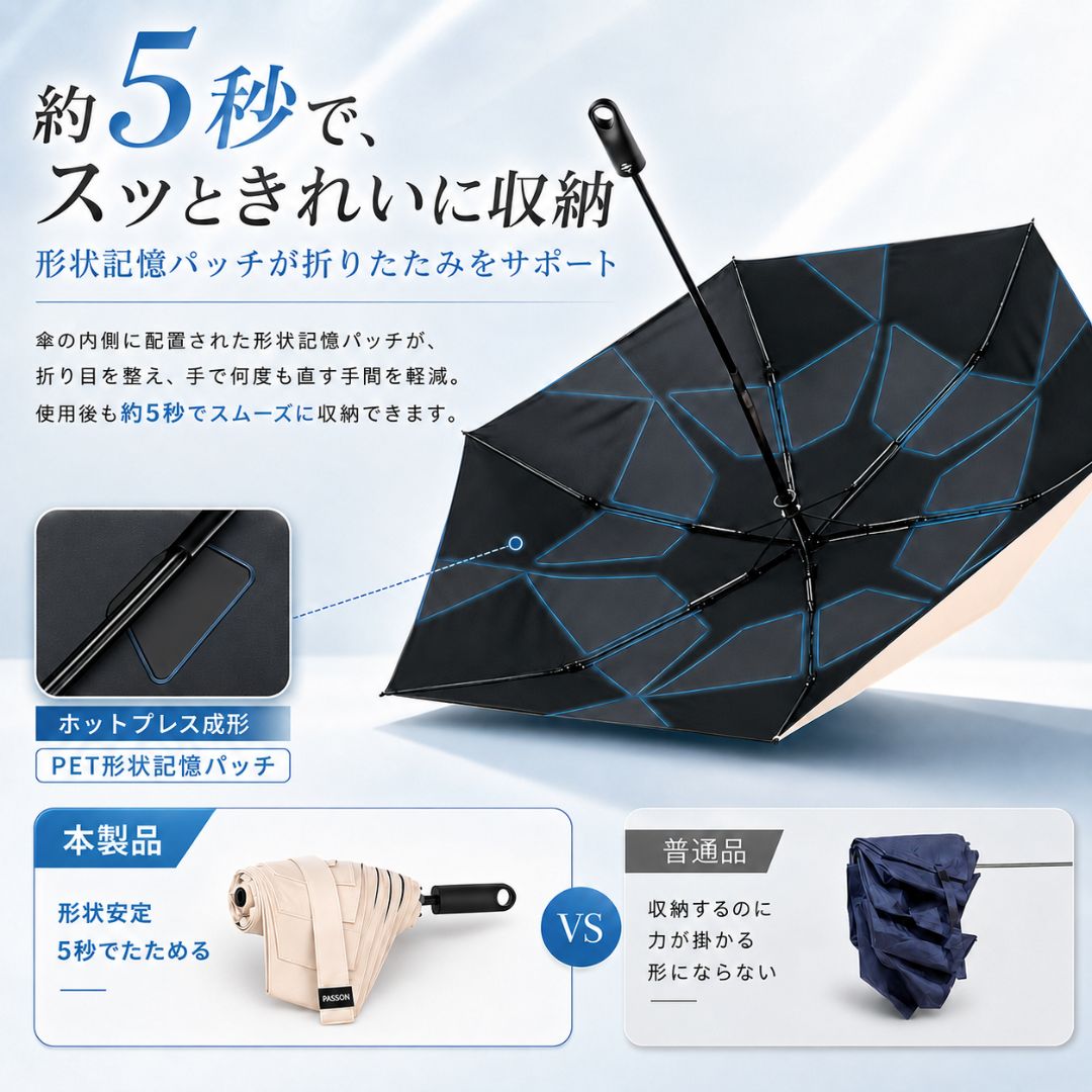 HAIBAI™ 形状記憶・超軽量 三つ折りUV日傘｜晴雨兼用・6本骨・自動開閉
