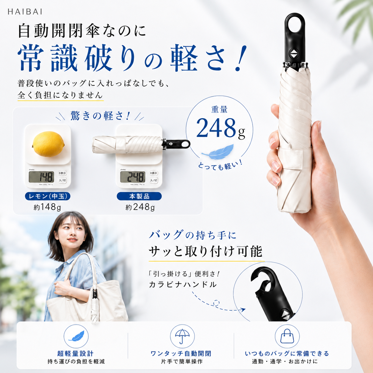 HAIBAI™ 形状記憶・超軽量 三つ折りUV日傘｜晴雨兼用・6本骨・自動開閉